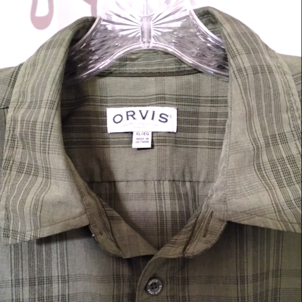 Orvis Shirt Men's XL Green Plaid Satin Button Down Pockets Hiking Safari - Picture 4 of 10